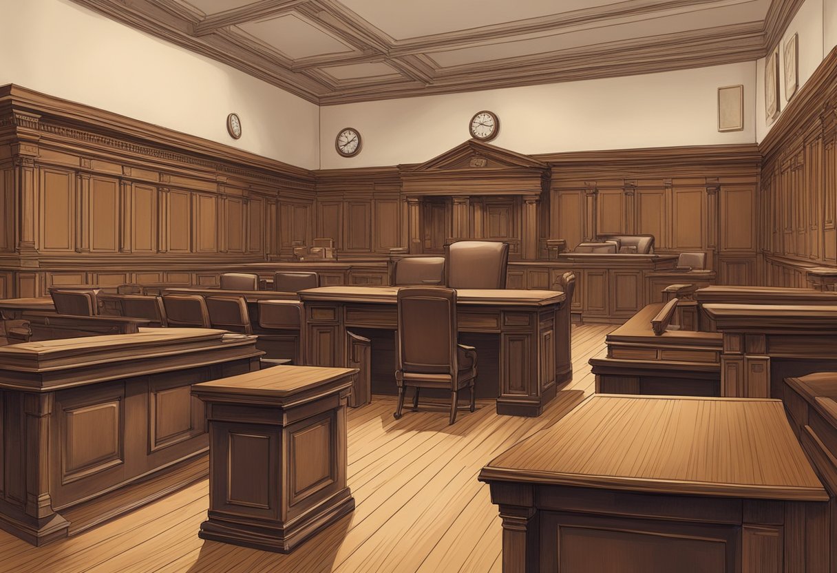 The scene is a vintage courtroom with a judge's bench, wooden jury box, and a witness stand. The room is filled with antique furniture and the walls are adorned with legal books and documents